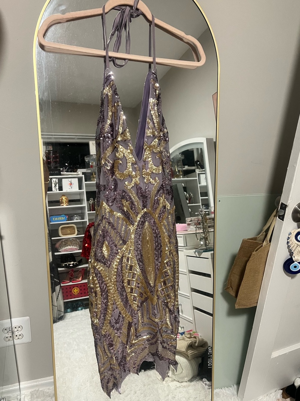 Beaded Halter Mini Dress in Lavender and Gold